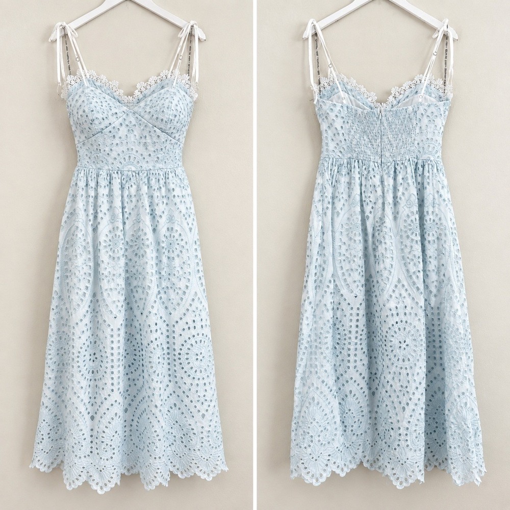 Avec Les Filles Eyelet Lace Midi Dress Size 12 Light Blue/White Cotton